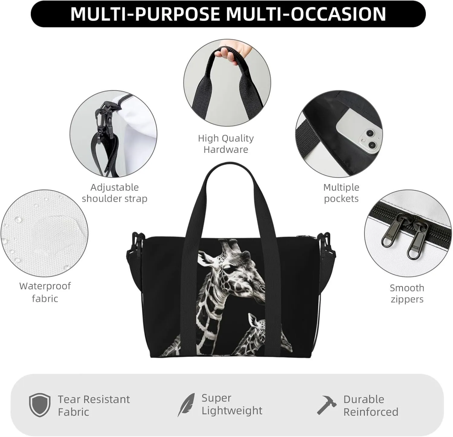 Sports Gym Bag for Women Men Travel Duffel Bag Tote Weekender Bag Carry on Overnight Bag for Travel Swimming Fitness Workout Sports Black Giraffe Duffle Bag