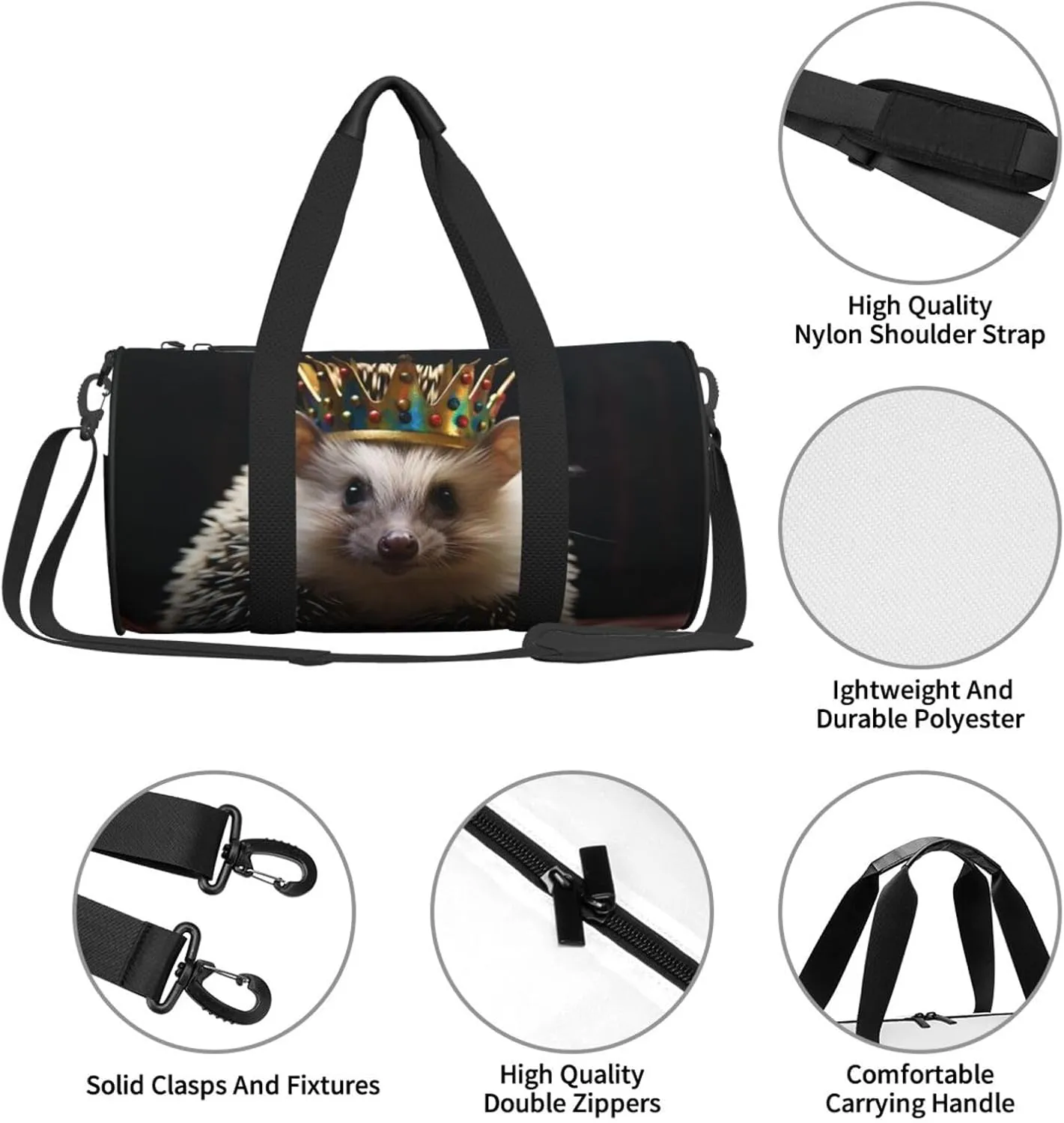 Sports Gym Bag for Women Men Travel Duffel Bag Tote Weekender Bag Carry on Overnight Bag for Travel Swimming Fitness Workout Sports crown with hedgehog Duffle Bag