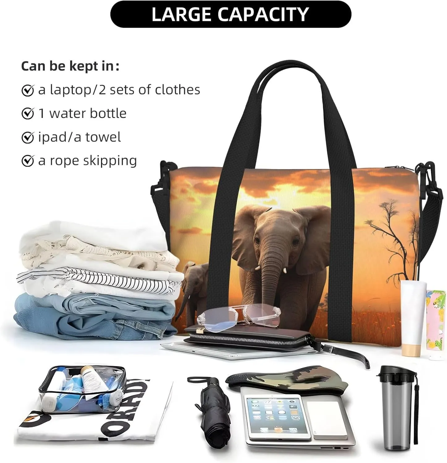 Sports Gym Bag for Women Men Travel Duffel Bag Tote Weekender Bag Carry on Overnight Bag for Travel Swimming Fitness Workout Sports Cute Wild Elephant Duffle Bag