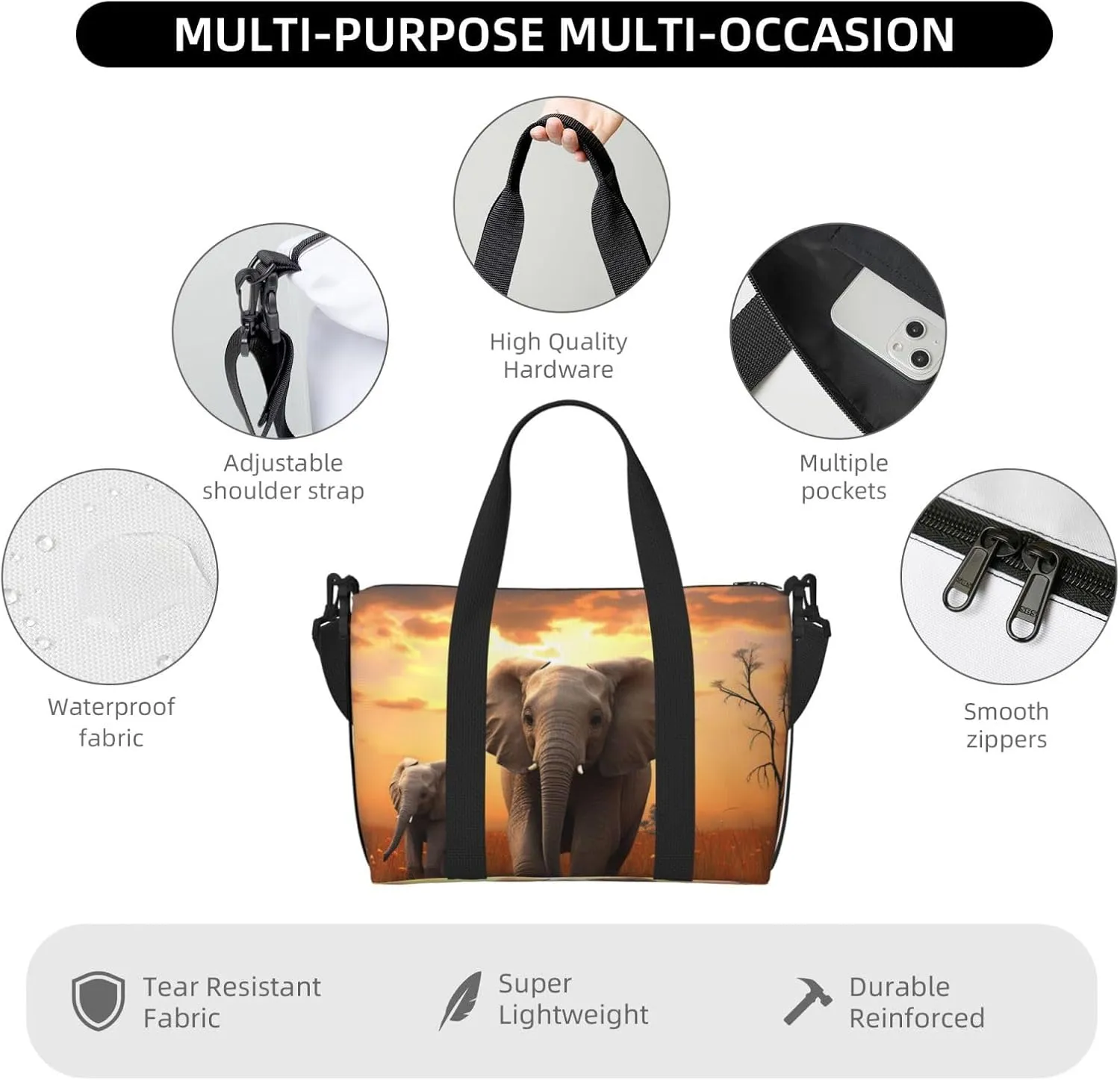 Sports Gym Bag for Women Men Travel Duffel Bag Tote Weekender Bag Carry on Overnight Bag for Travel Swimming Fitness Workout Sports Cute Wild Elephant Duffle Bag