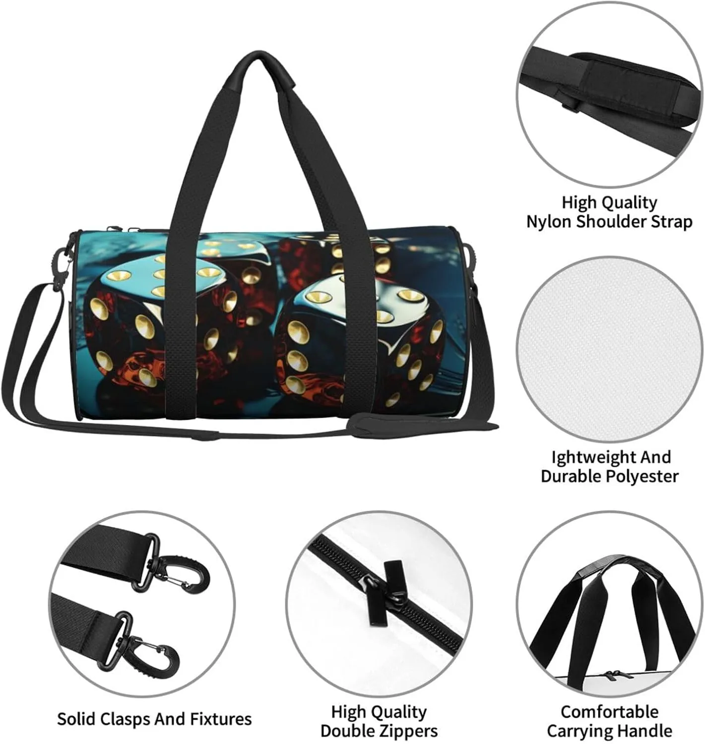 Sports Gym Bag for Women Men Travel Duffel Bag Tote Weekender Bag Carry on Overnight Bag for Travel Swimming Fitness Workout Sports Dice Graphics Duffle Bag