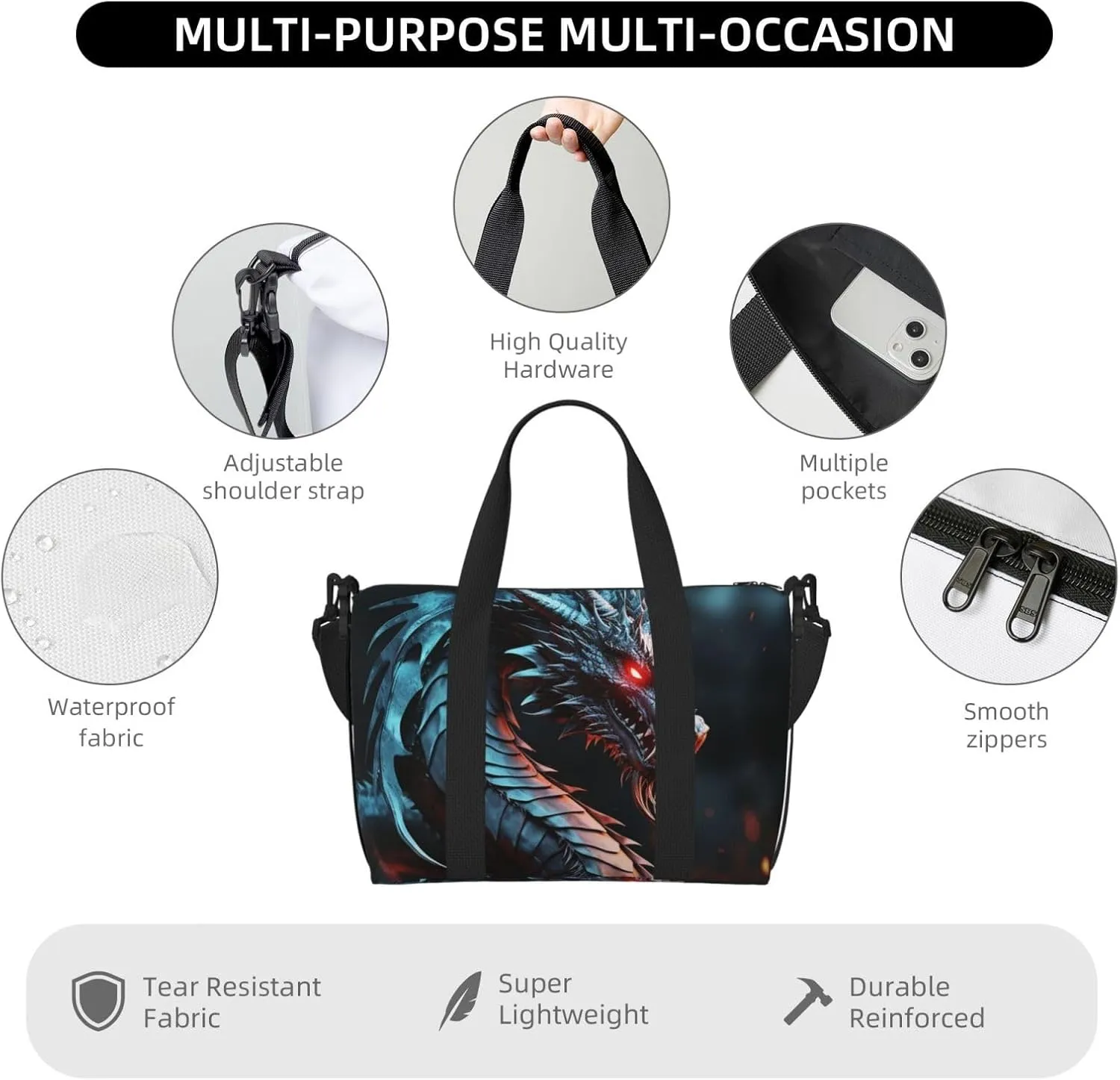 Sports Gym Bag for Women Men Travel Duffel Bag Tote Weekender Bag Carry on Overnight Bag for Travel Swimming Fitness Workout Sports Dragon Duffle Bag