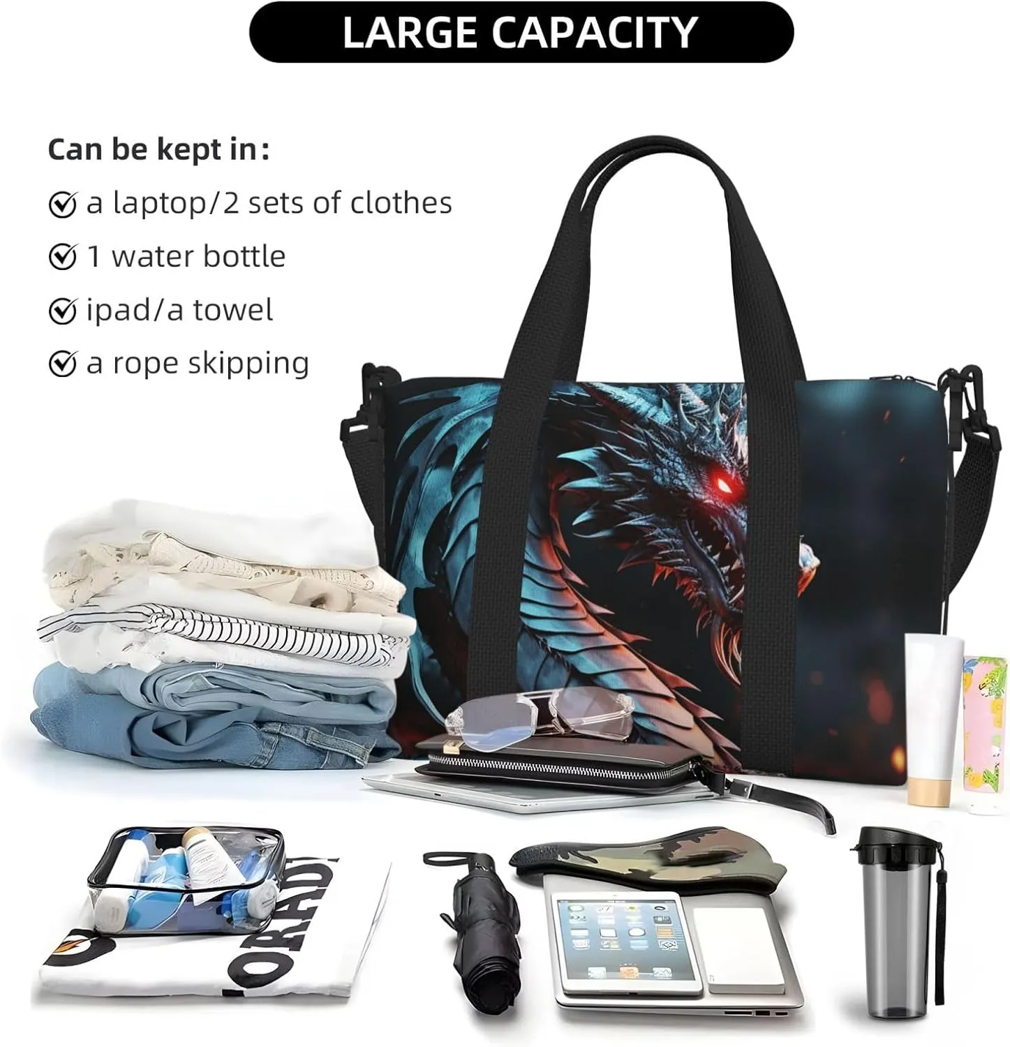 Sports Gym Bag for Women Men Travel Duffel Bag Tote Weekender Bag Carry on Overnight Bag for Travel Swimming Fitness Workout Sports Dragon Duffle Bag