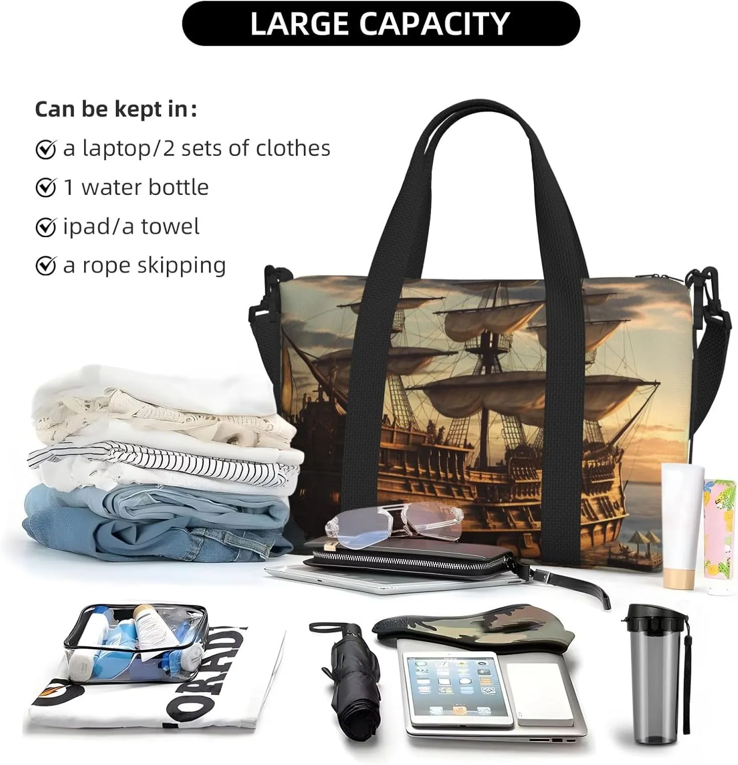 Sports Gym Bag for Women Men Travel Duffel Bag Tote Weekender Bag Carry on Overnight Bag for Travel Swimming Fitness Workout Sports Fantasy pirate ship Duffle Bag