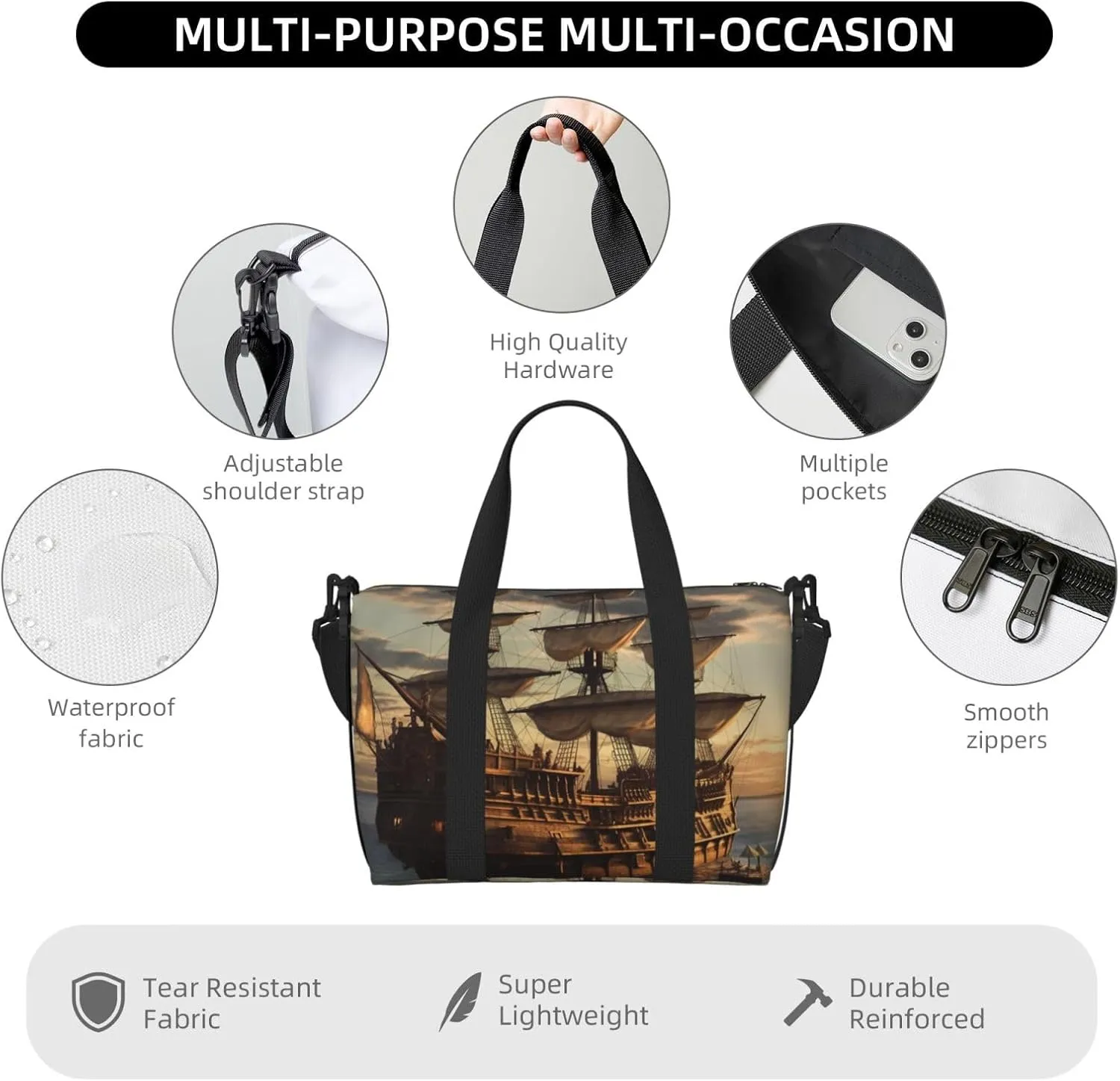 Sports Gym Bag for Women Men Travel Duffel Bag Tote Weekender Bag Carry on Overnight Bag for Travel Swimming Fitness Workout Sports Fantasy pirate ship Duffle Bag
