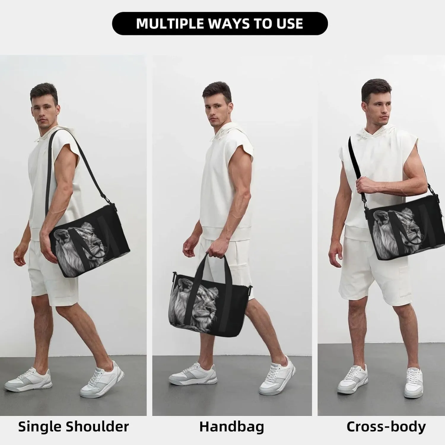 Sports Gym Bag for Women Men Travel Duffel Bag Tote Weekender Bag Carry on Overnight Bag for Travel Swimming Fitness Workout Sports Gray Lion Duffle Bag