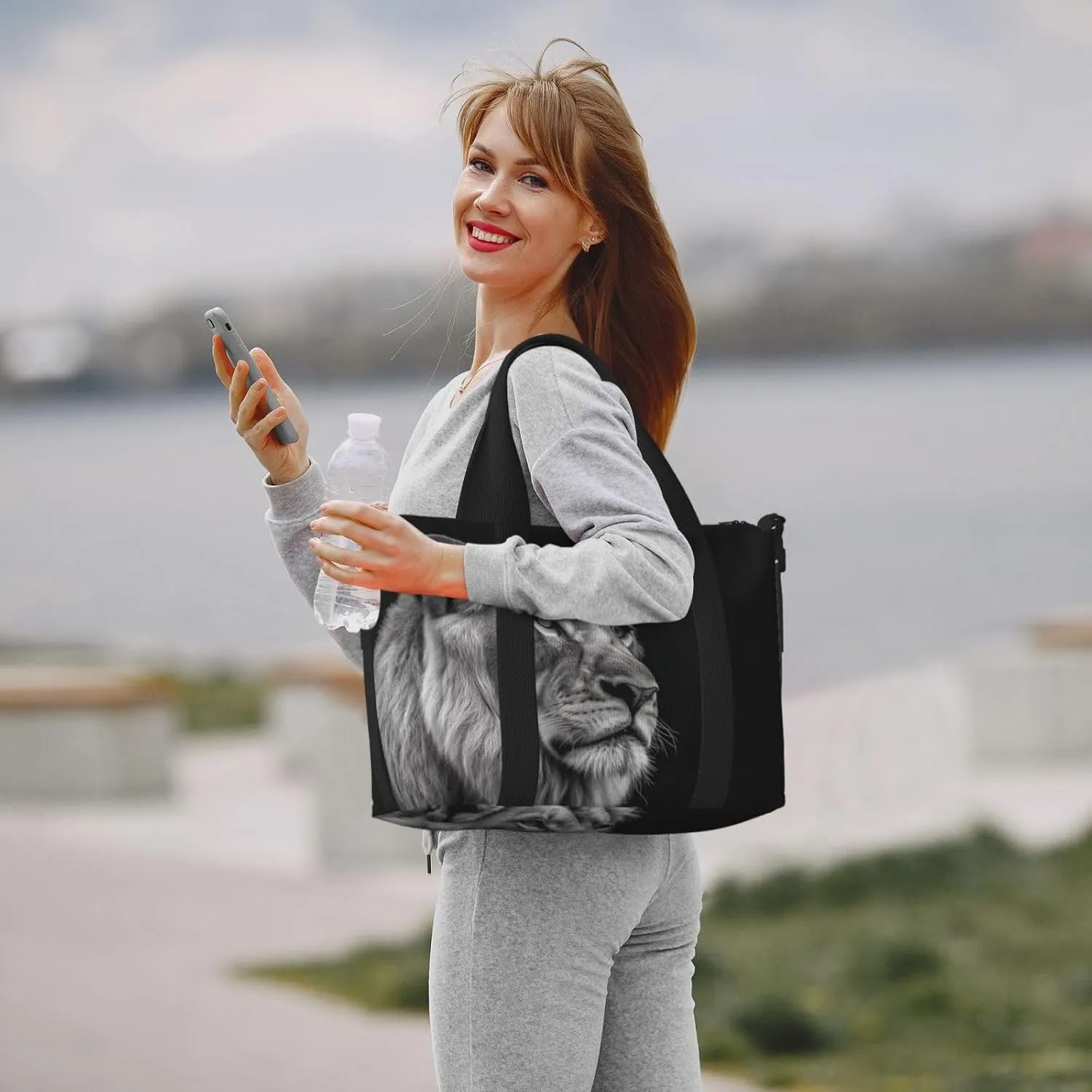 Sports Gym Bag for Women Men Travel Duffel Bag Tote Weekender Bag Carry on Overnight Bag for Travel Swimming Fitness Workout Sports Gray Lion Duffle Bag