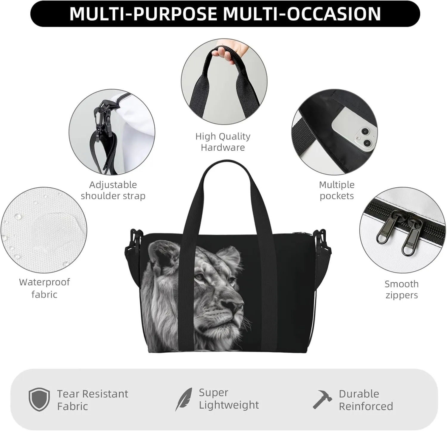 Sports Gym Bag for Women Men Travel Duffel Bag Tote Weekender Bag Carry on Overnight Bag for Travel Swimming Fitness Workout Sports Gray Lion Duffle Bag