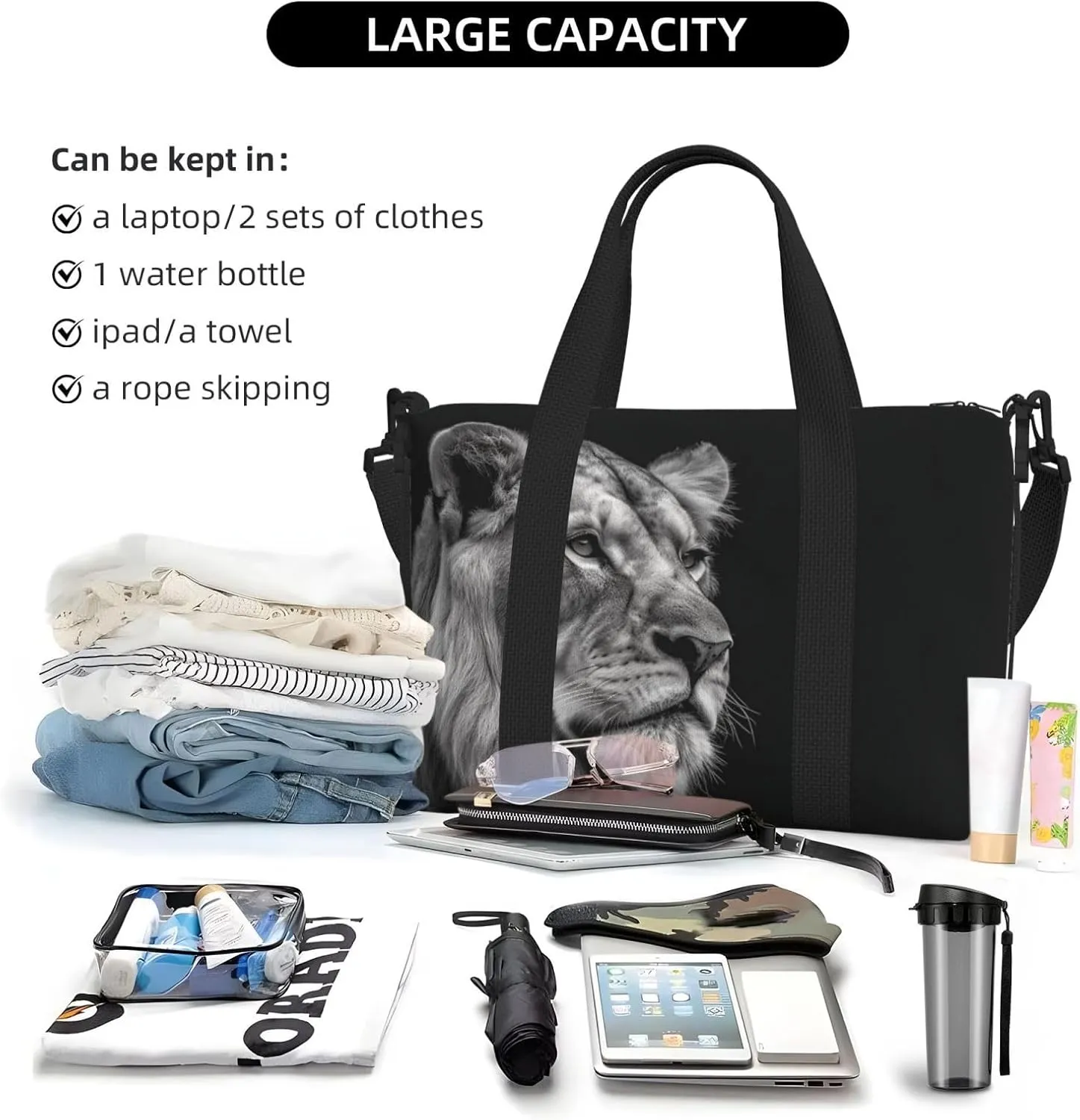 Sports Gym Bag for Women Men Travel Duffel Bag Tote Weekender Bag Carry on Overnight Bag for Travel Swimming Fitness Workout Sports Gray Lion Duffle Bag