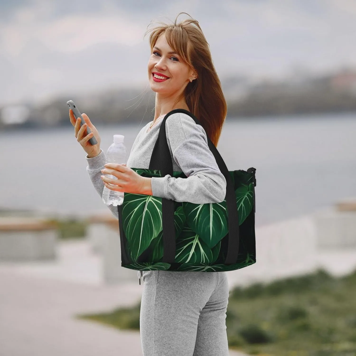 Sports Gym Bag for Women Men Travel Duffel Bag Tote Weekender Bag Carry on Overnight Bag for Travel Swimming Fitness Workout Sports Green Long Leaves Duffle Bag