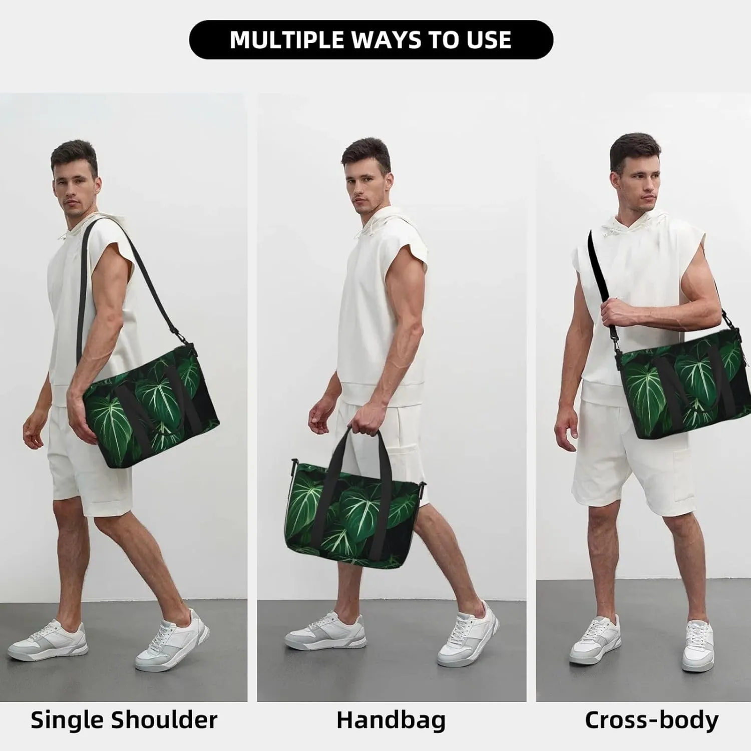 Sports Gym Bag for Women Men Travel Duffel Bag Tote Weekender Bag Carry on Overnight Bag for Travel Swimming Fitness Workout Sports Green Long Leaves Duffle Bag