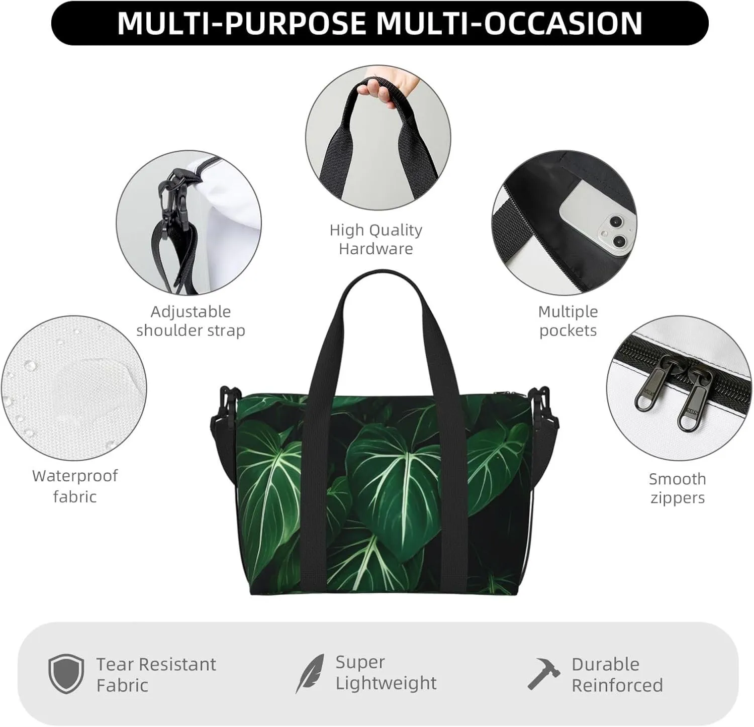 Sports Gym Bag for Women Men Travel Duffel Bag Tote Weekender Bag Carry on Overnight Bag for Travel Swimming Fitness Workout Sports Green Long Leaves Duffle Bag