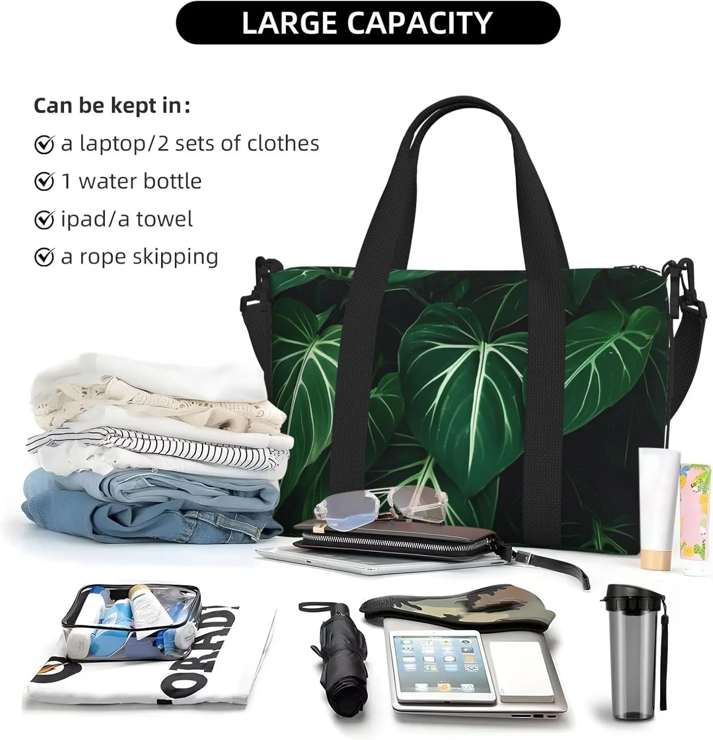 Sports Gym Bag for Women Men Travel Duffel Bag Tote Weekender Bag Carry on Overnight Bag for Travel Swimming Fitness Workout Sports Green Long Leaves Duffle Bag