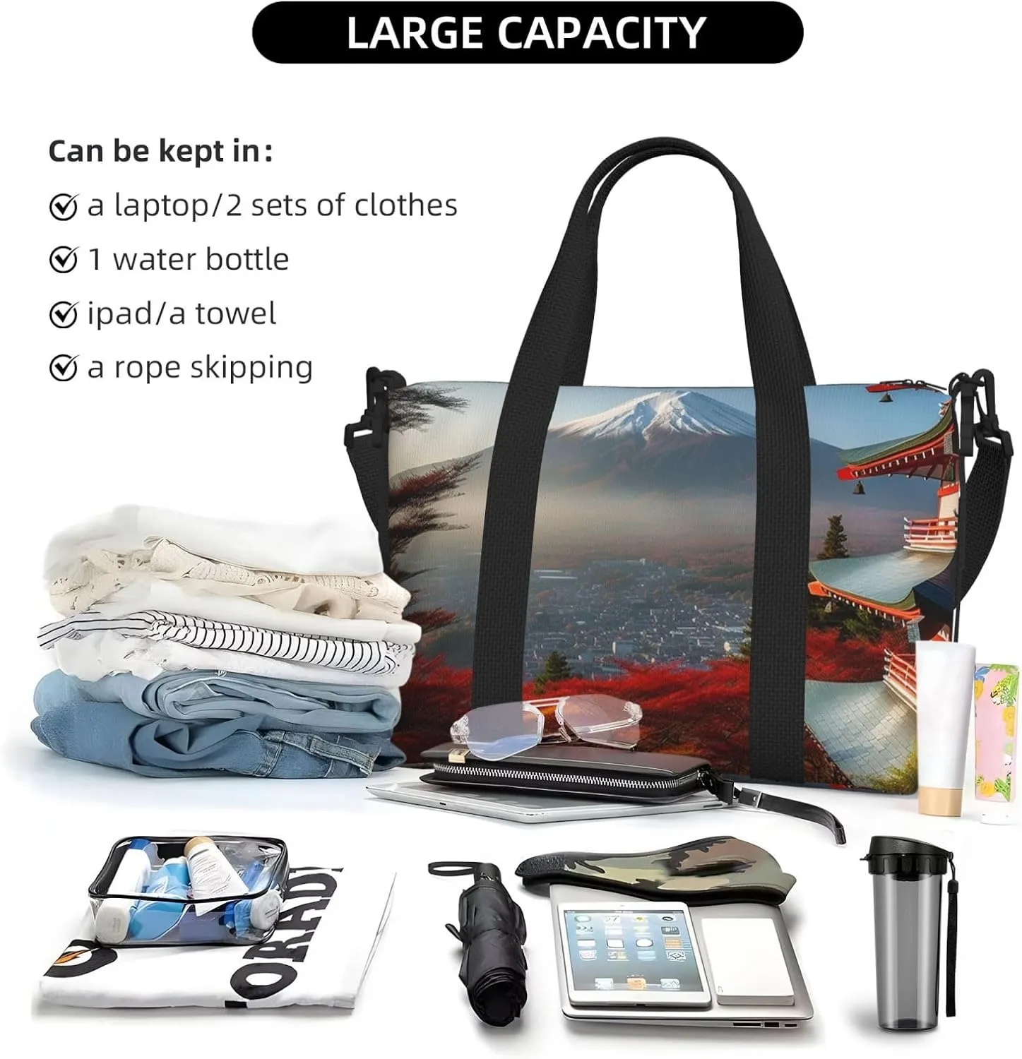 Sports Gym Bag for Women Men Travel Duffel Bag Tote Weekender Bag Carry on Overnight Bag for Travel Swimming Fitness Workout Sports Japan Mount Fuji Landscape Duffle Bag