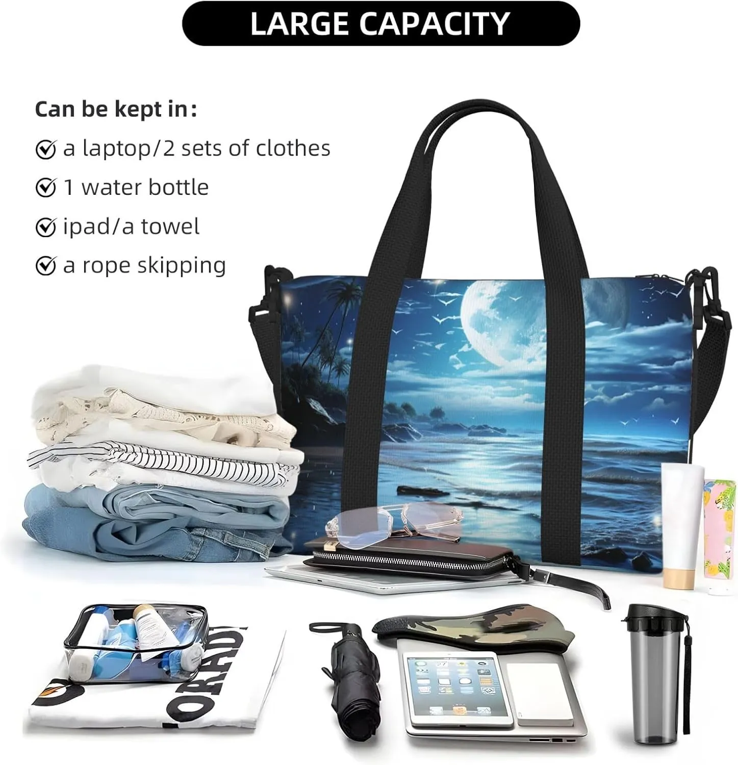 Sports Gym Bag for Women Men Travel Duffel Bag Tote Weekender Bag Carry on Overnight Bag for Travel Swimming Fitness Workout Sports Moon Over Ocean Duffle Bag