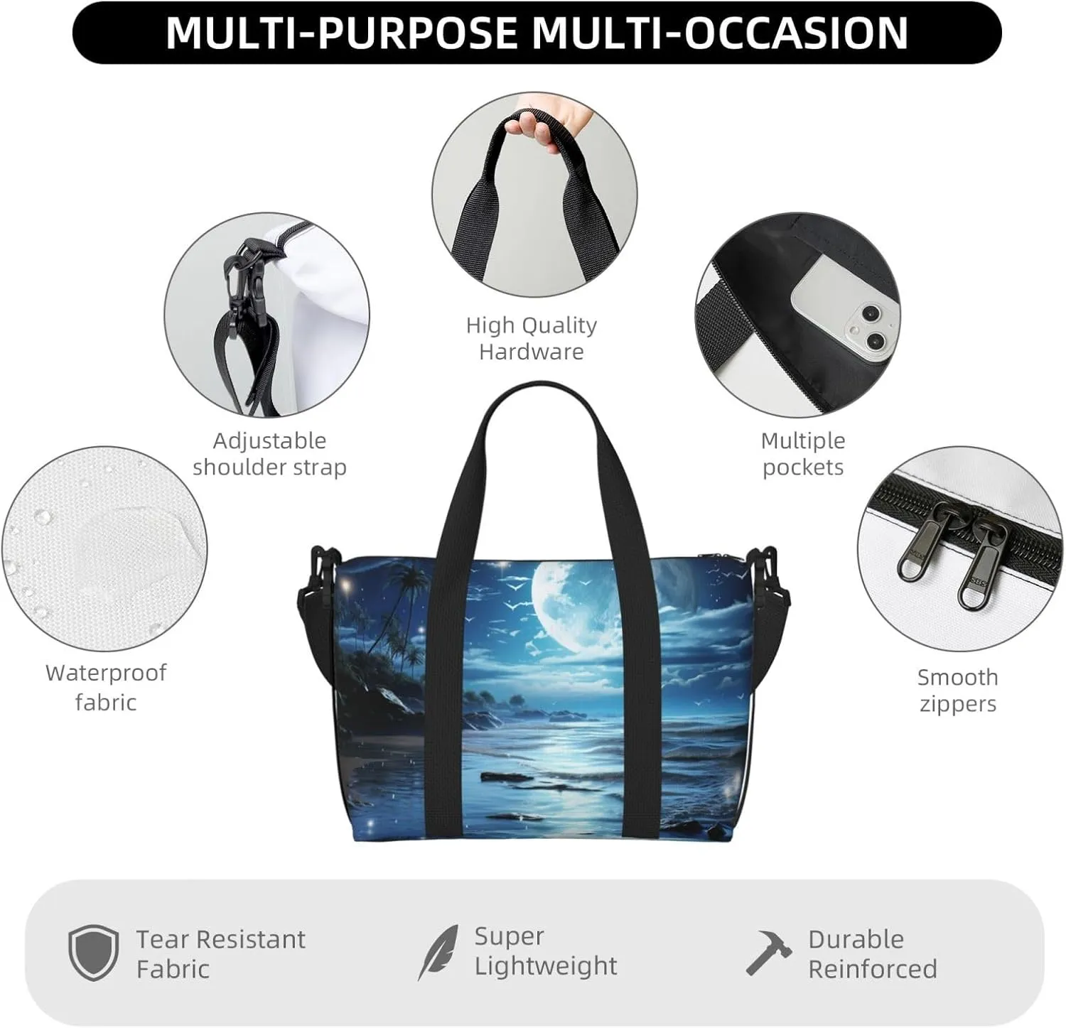 Sports Gym Bag for Women Men Travel Duffel Bag Tote Weekender Bag Carry on Overnight Bag for Travel Swimming Fitness Workout Sports Moon Over Ocean Duffle Bag