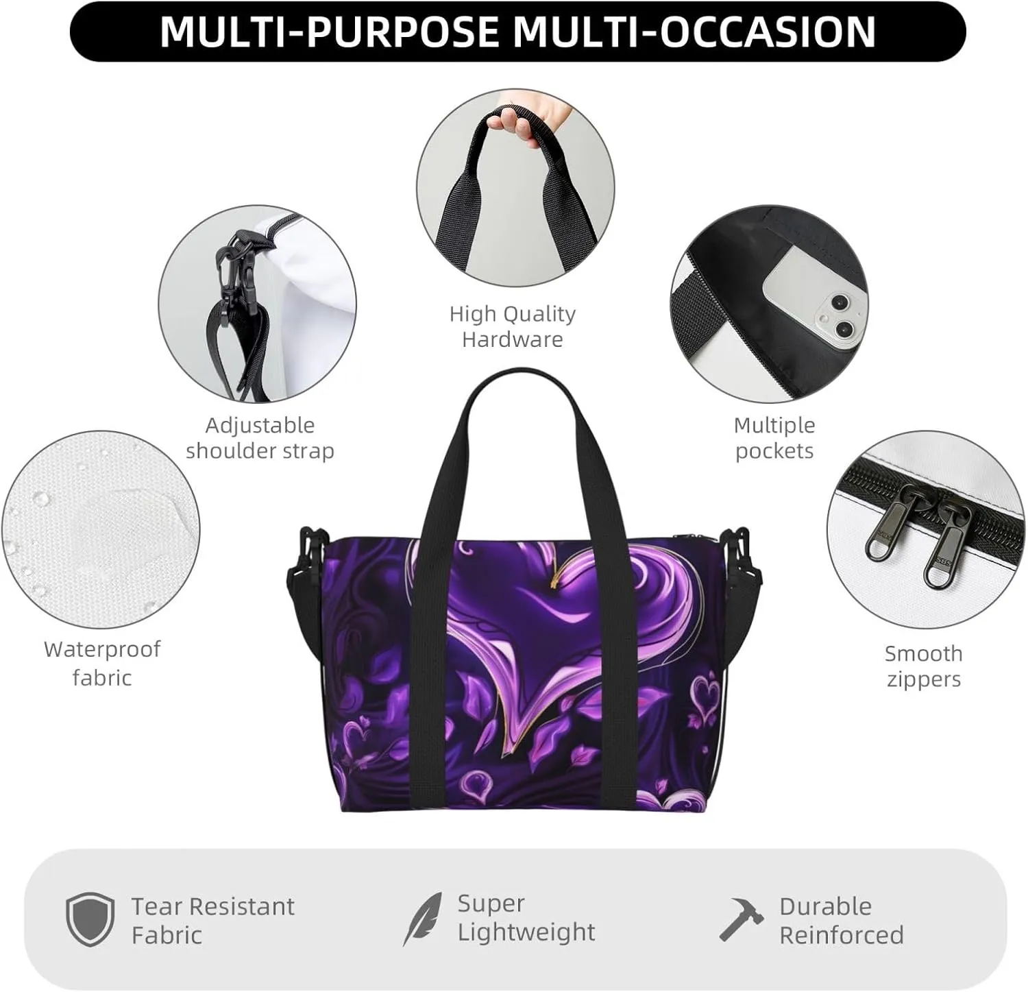 Sports Gym Bag for Women Men Travel Duffel Bag Tote Weekender Bag Carry on Overnight Bag for Travel Swimming Fitness Workout Sports Purple love Duffle Bag