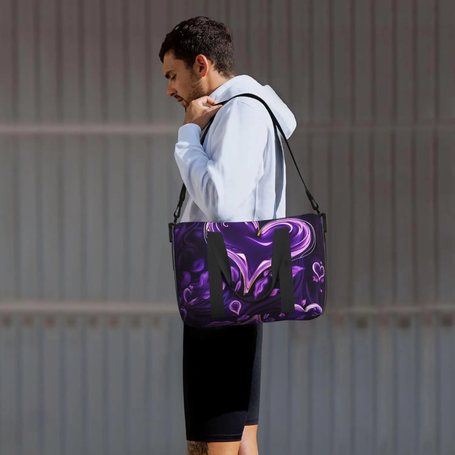 Sports Gym Bag for Women Men Travel Duffel Bag Tote Weekender Bag Carry on Overnight Bag for Travel Swimming Fitness Workout Sports Purple love Duffle Bag