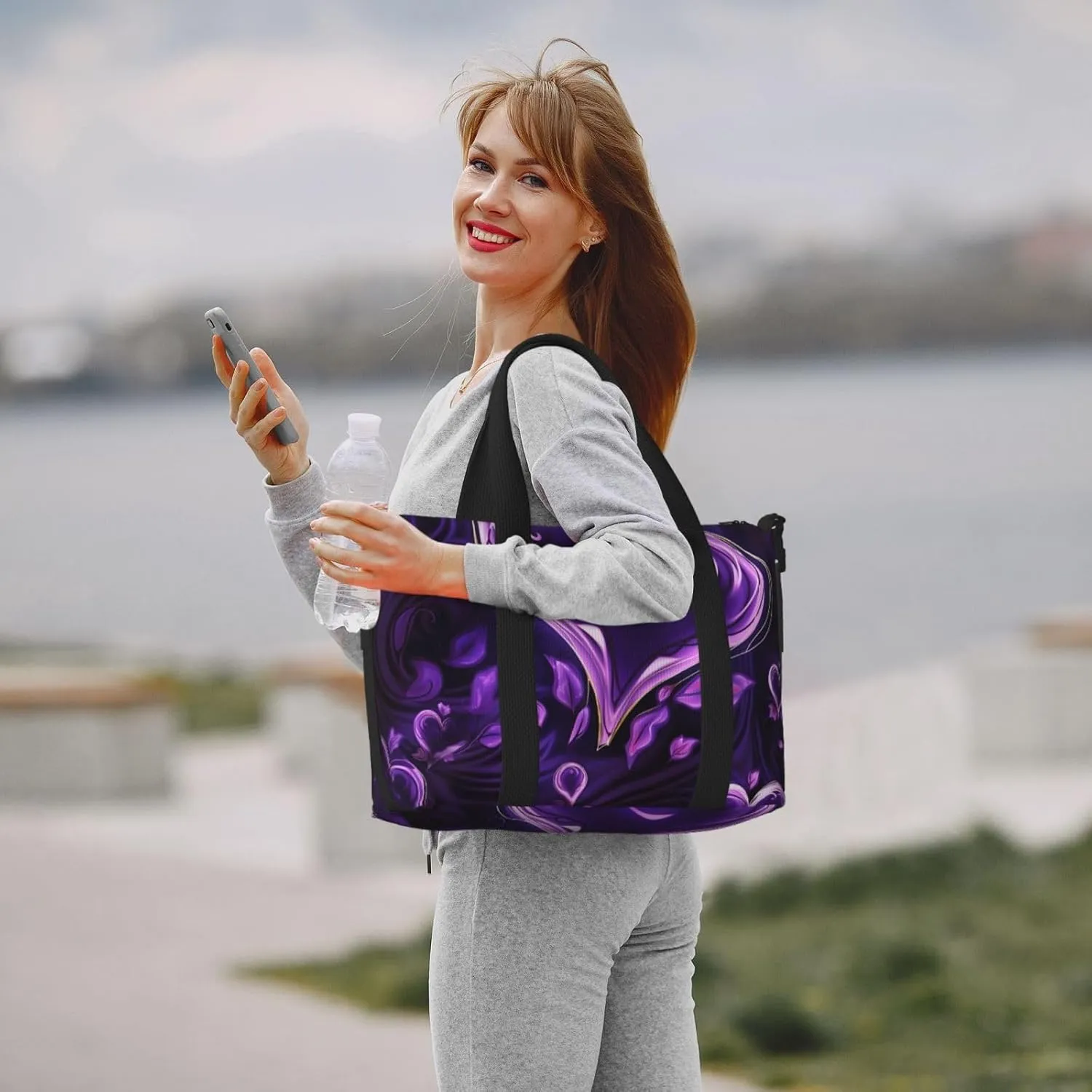 Sports Gym Bag for Women Men Travel Duffel Bag Tote Weekender Bag Carry on Overnight Bag for Travel Swimming Fitness Workout Sports Purple love Duffle Bag