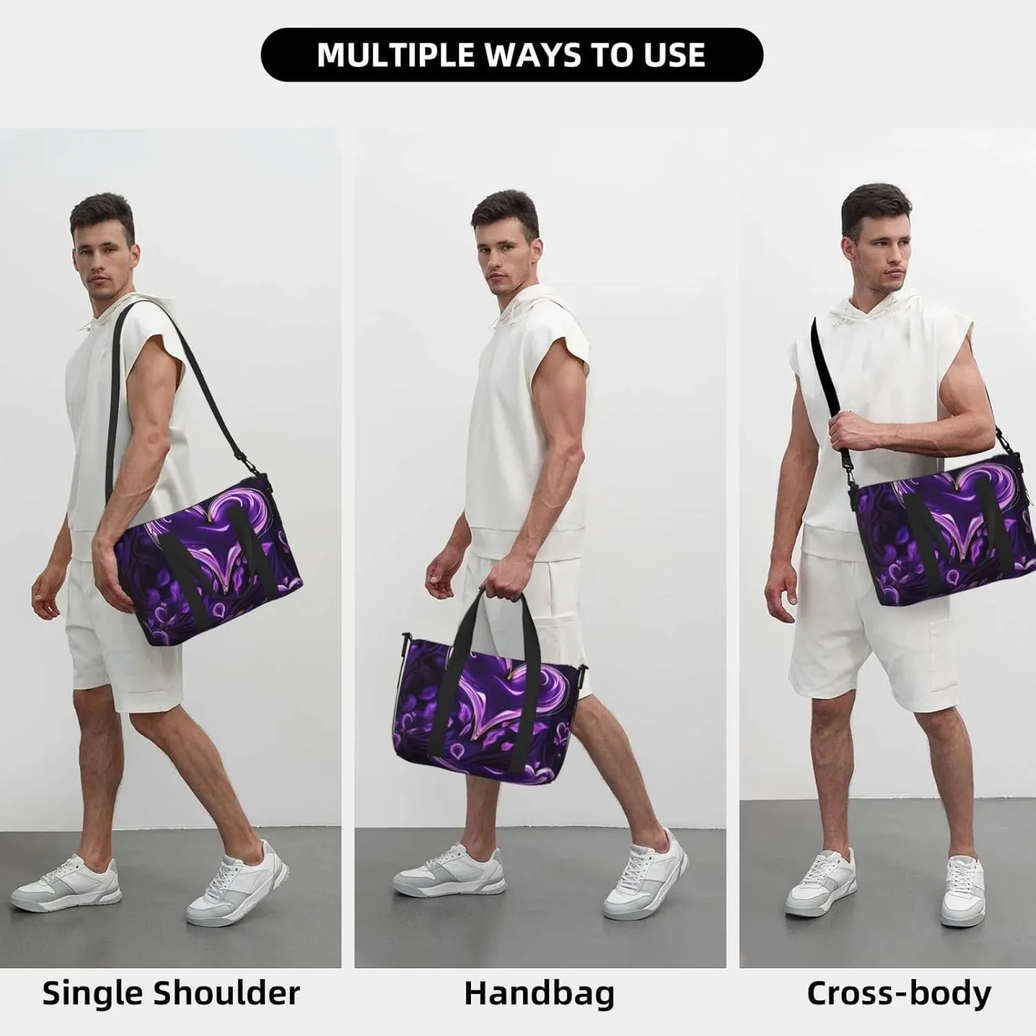 Sports Gym Bag for Women Men Travel Duffel Bag Tote Weekender Bag Carry on Overnight Bag for Travel Swimming Fitness Workout Sports Purple love Duffle Bag