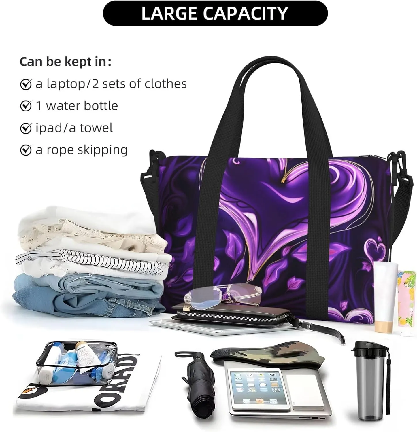 Sports Gym Bag for Women Men Travel Duffel Bag Tote Weekender Bag Carry on Overnight Bag for Travel Swimming Fitness Workout Sports Purple love Duffle Bag