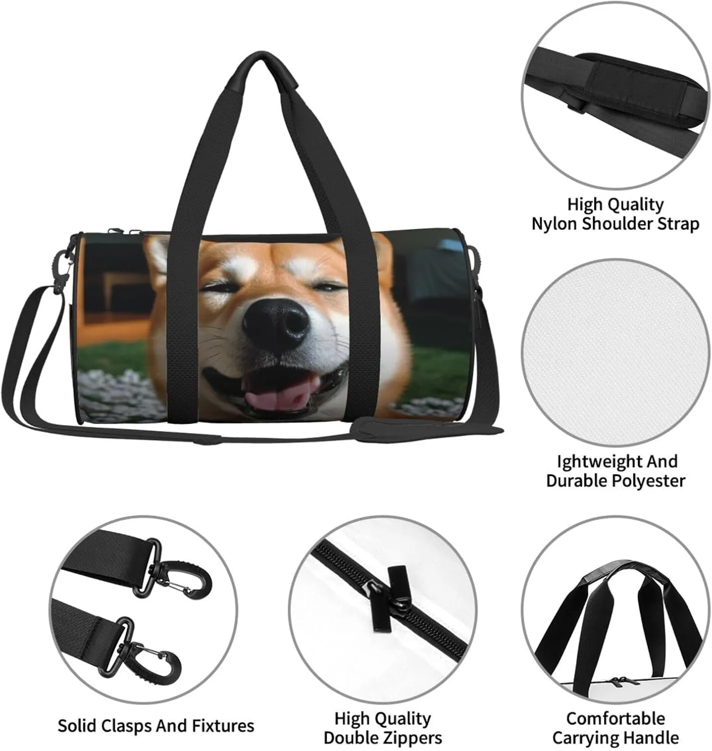 Sports Gym Bag for Women Men Travel Duffel Bag Tote Weekender Bag Carry on Overnight Bag for Travel Swimming Fitness Workout Sports Shiba Inu smile tongue out Duffle Bag