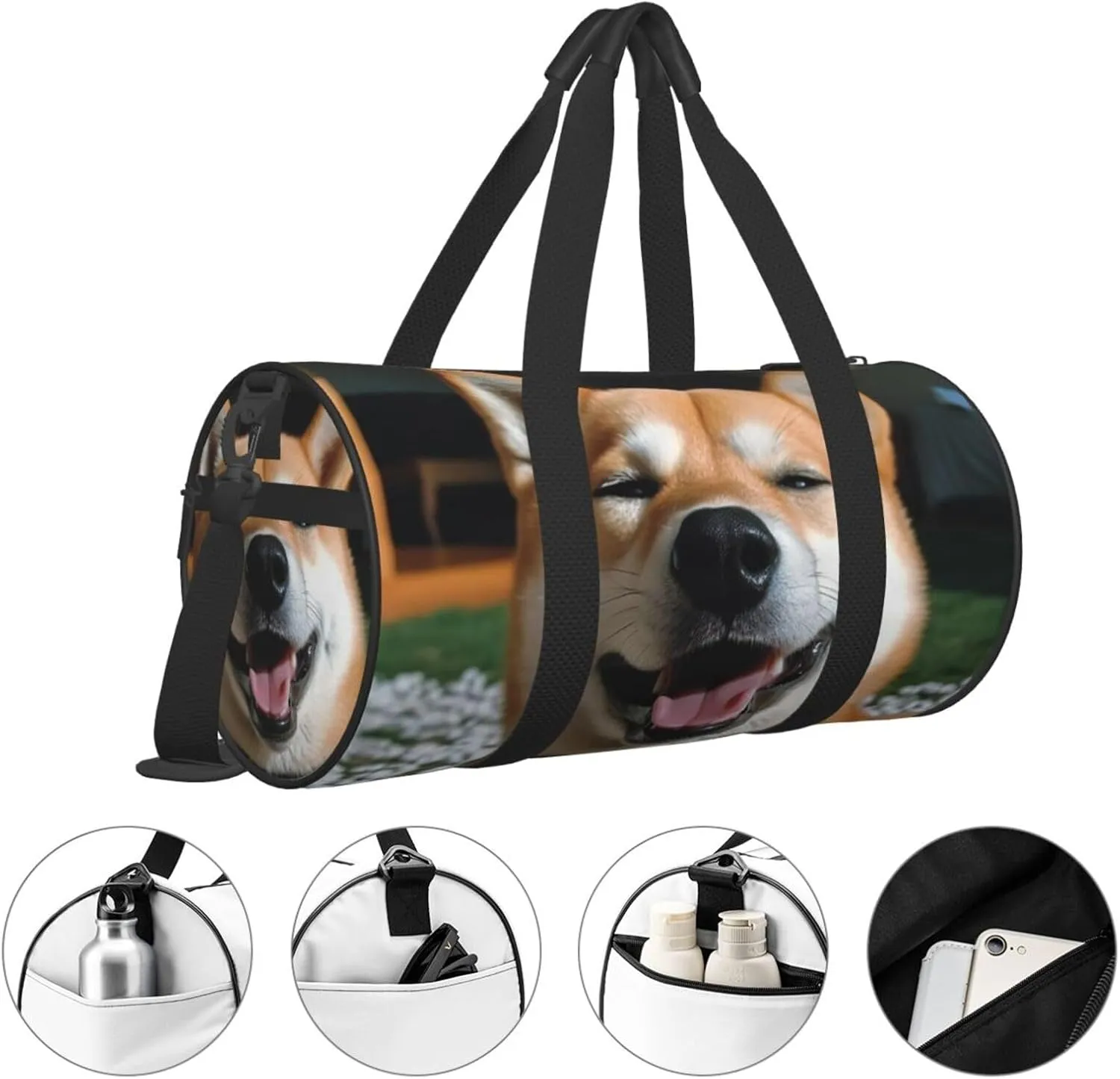 Sports Gym Bag for Women Men Travel Duffel Bag Tote Weekender Bag Carry on Overnight Bag for Travel Swimming Fitness Workout Sports Shiba Inu smile tongue out Duffle Bag