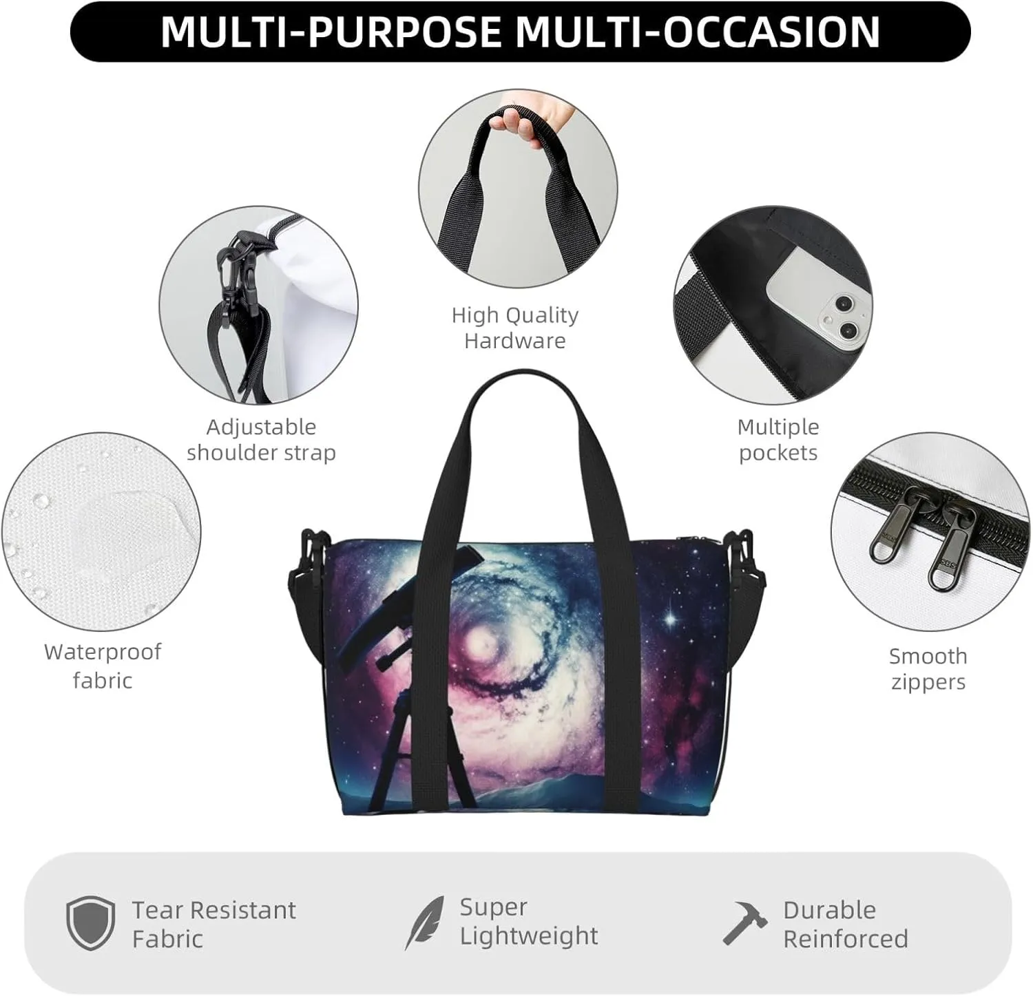 Sports Gym Bag for Women Men Travel Duffel Bag Tote Weekender Bag Carry on Overnight Bag for Travel Swimming Fitness Workout Sports Space Galaxy with Telescope Duffle Bag