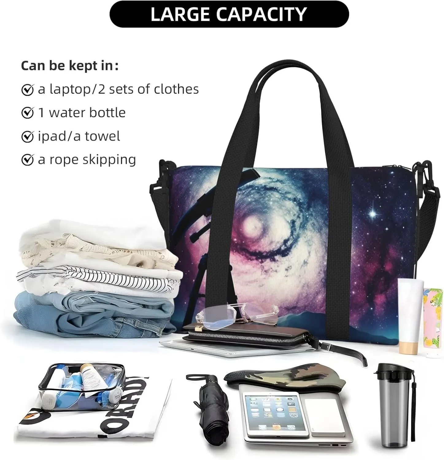 Sports Gym Bag for Women Men Travel Duffel Bag Tote Weekender Bag Carry on Overnight Bag for Travel Swimming Fitness Workout Sports Space Galaxy with Telescope Duffle Bag