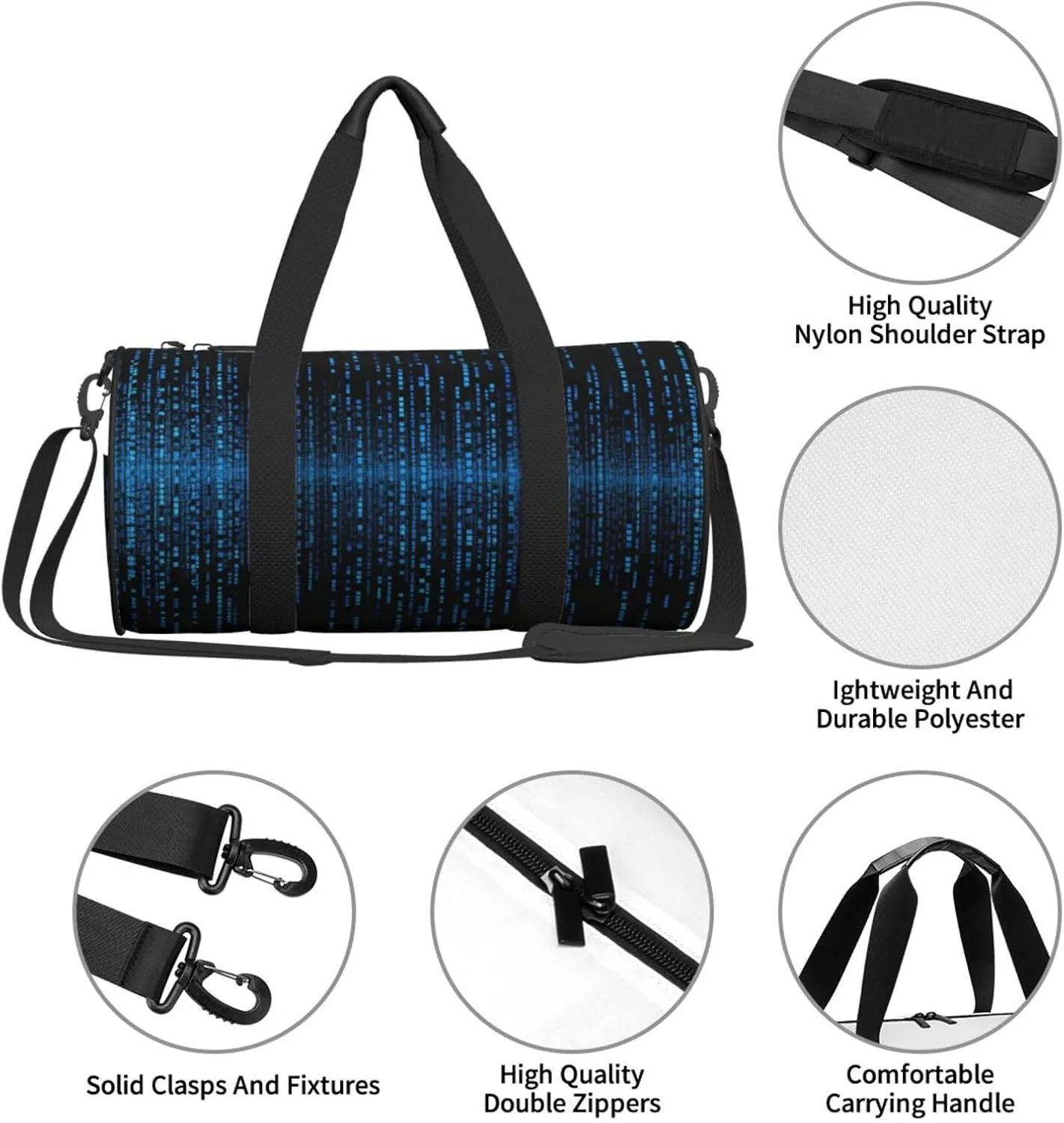 Sports Gym Bag for Women Men Travel Duffel Bag Tote Weekender Bag Carry on Overnight Bag for Travel Swimming Fitness Workout Sports The Blue Binary Matrix Duffle Bag