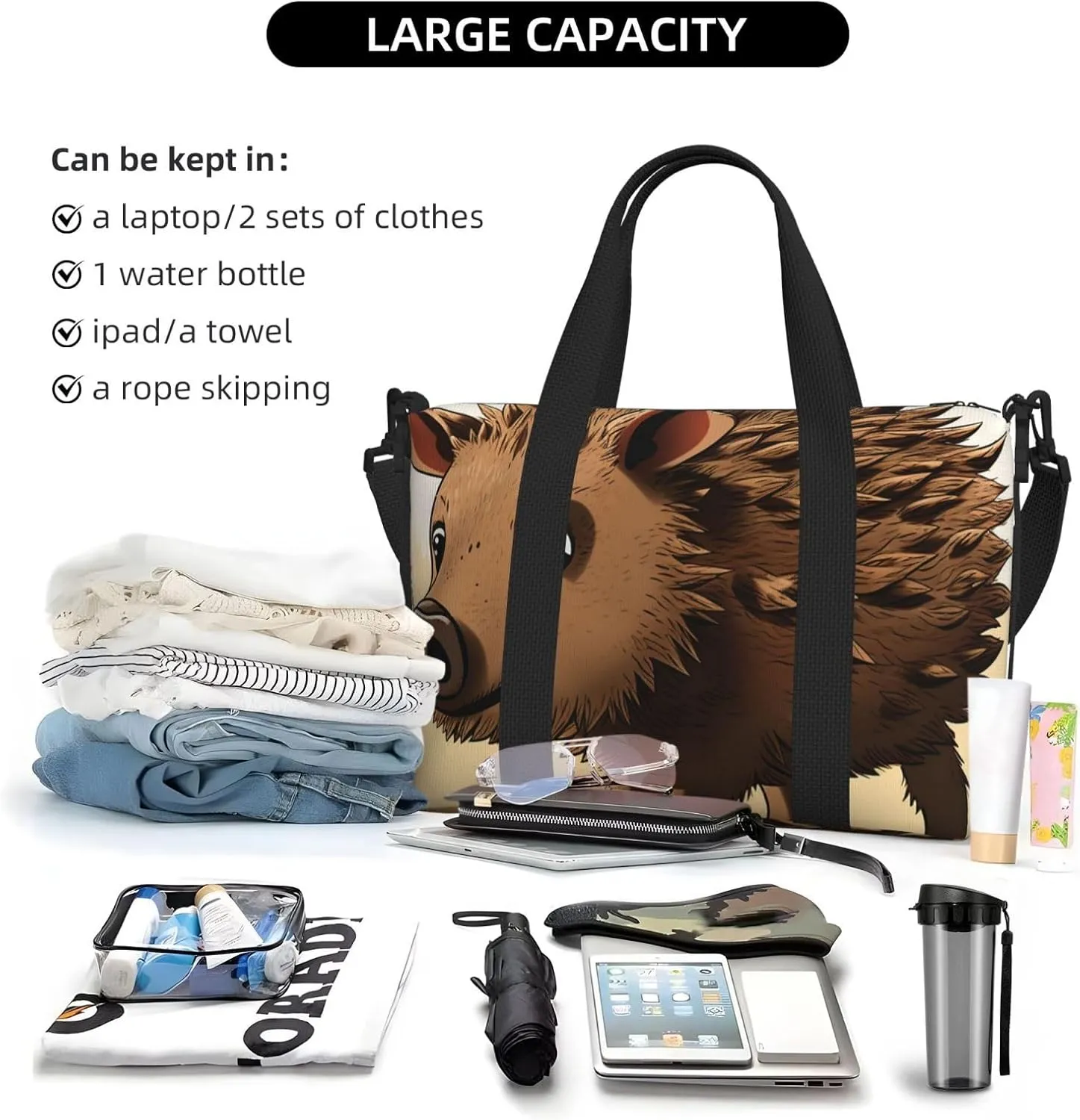 Sports Gym Bag for Women Men Travel Duffel Bag Tote Weekender Bag Carry on Overnight Bag for Travel Swimming Fitness Workout Sports Wild boar animation Duffle Bag