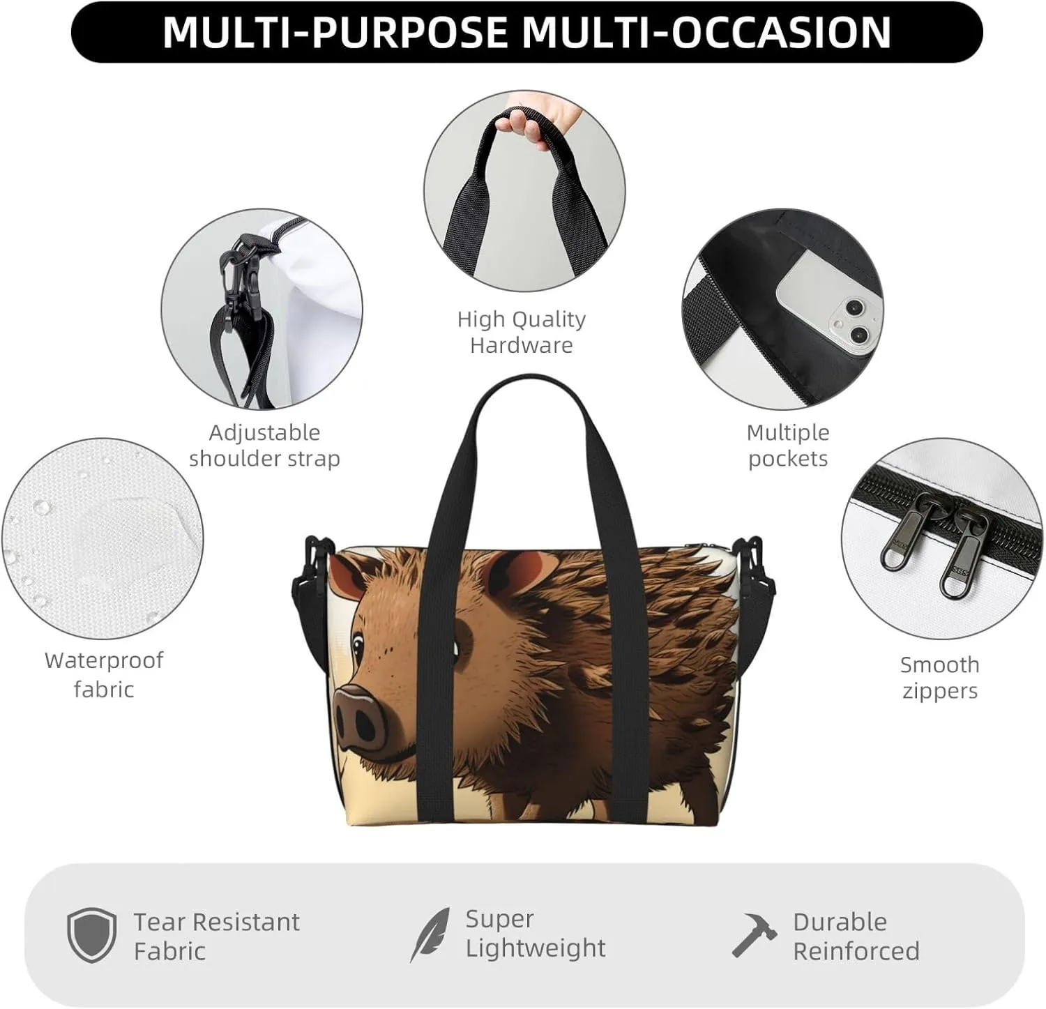 Sports Gym Bag for Women Men Travel Duffel Bag Tote Weekender Bag Carry on Overnight Bag for Travel Swimming Fitness Workout Sports Wild boar animation Duffle Bag
