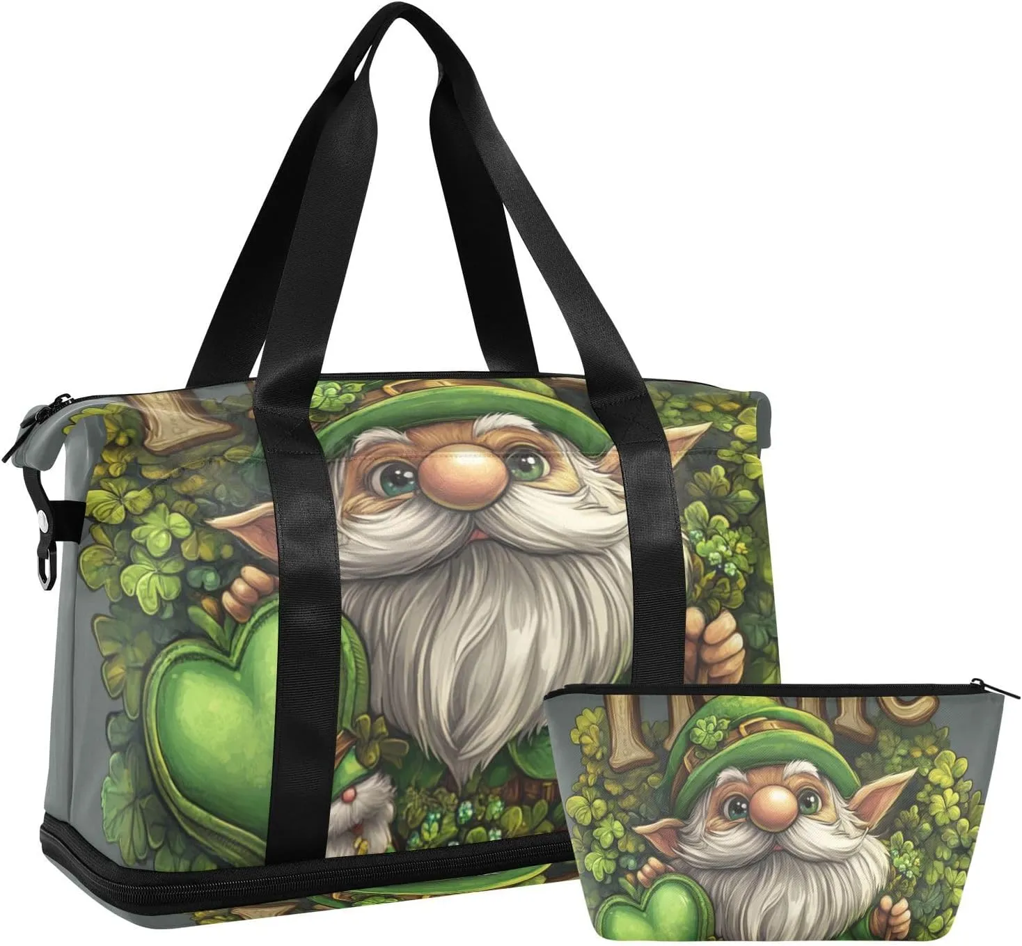 St. Patrick Cartoon Cute Green Dwarf Large Bag Overnight Carry On Tote and Luggage with Adjustable Strap for Sports Large Capacity