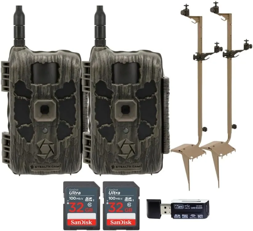 Stealth Cam 40MP Deceptor Max Cellular Trail Camera with 0.4-Second Trigger Speed (2-Pack) Bundle with Adjustable Mounting Post (2-Pack), Card Reader, and 32GB Memory Card (2-Pack) (6 Items)