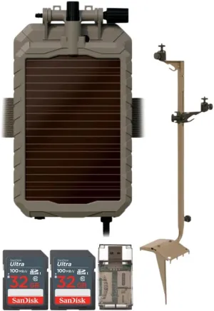 Stealth Cam Adjustable Multi-Pivot Mounting Post for Trail Camera and Battery Bundle with Stealth Cam Lithium Solar Power Panel, 32GB Memory Card (2-Pack), and SD Card Reader USB 2.0 (5 Items)