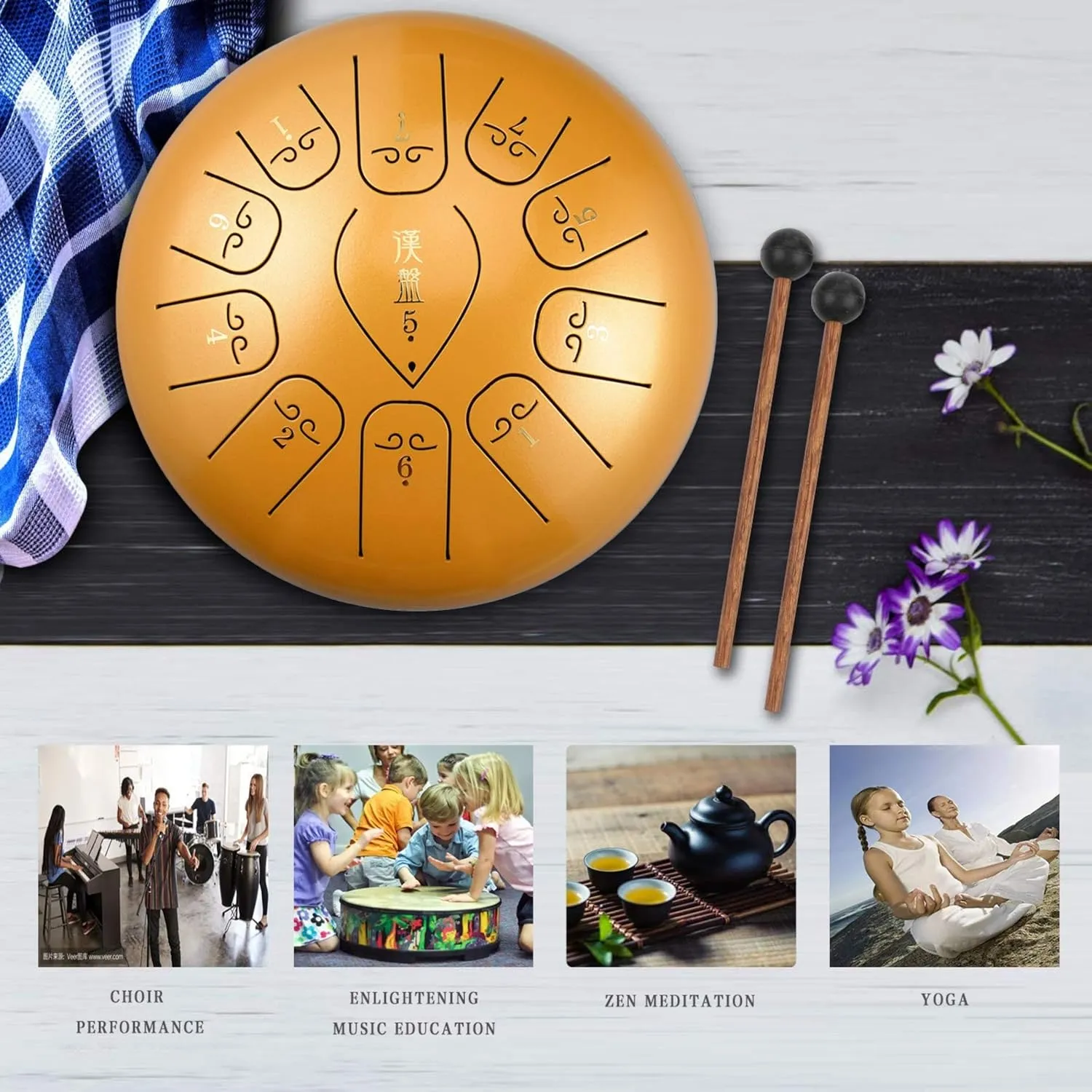 Steel || Ethereal Drum 12 Inch Percussion Instrument Pan Drum 11 Notes Tank Drum, Home Music Lovers Musical Instruments,with Padded Travel Bag, Mallets, （C-Minor） Buddha Golden