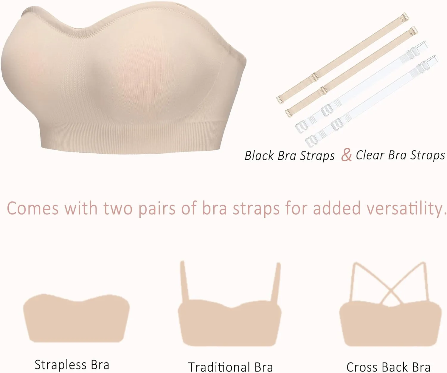 Strapless Bra for Women-Convertible Comfort Bandeau Bra with Non-Slip Silicone,Seamless Wirefree Padded Bralette