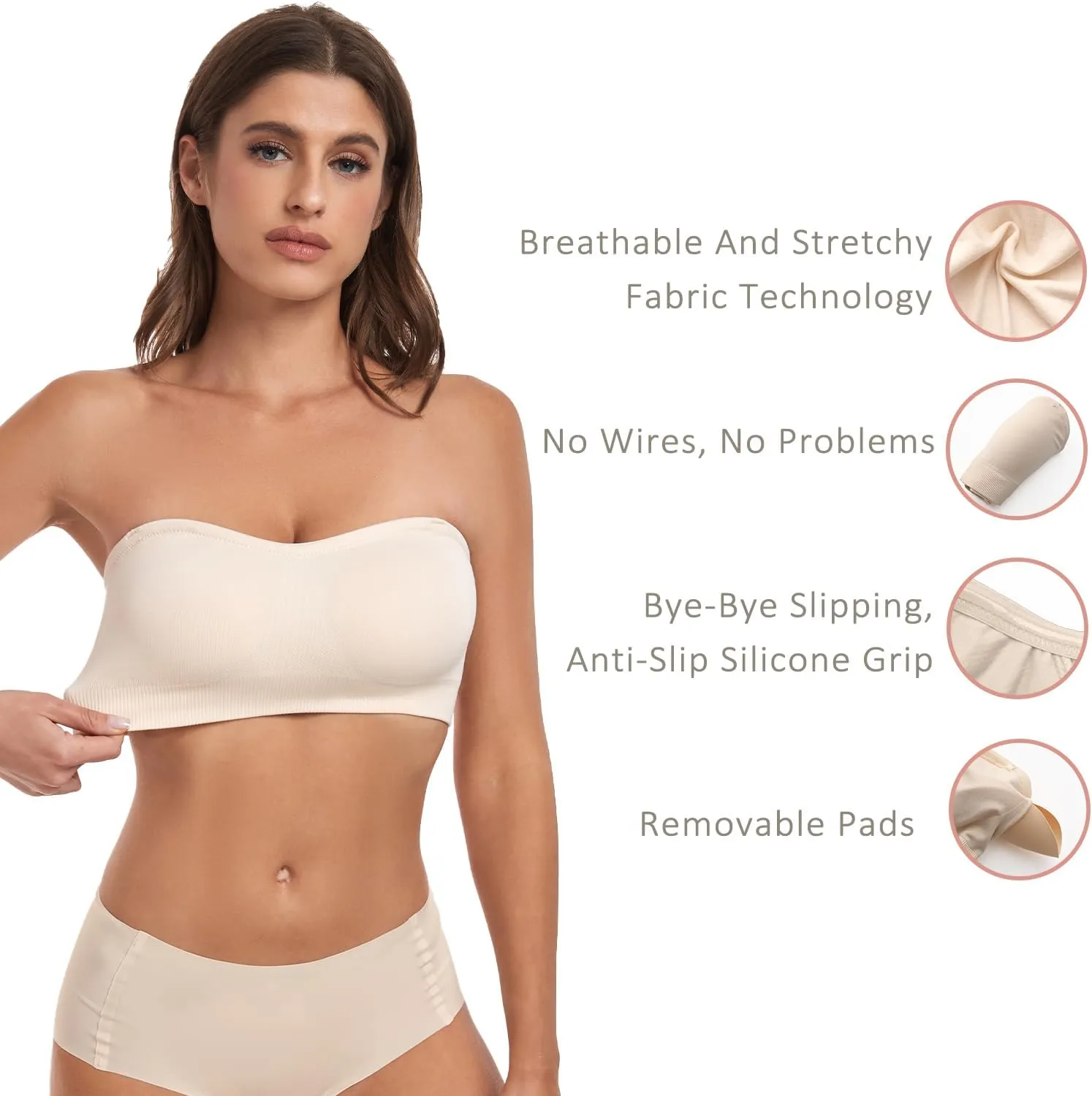 Strapless Bra for Women-Convertible Comfort Bandeau Bra with Non-Slip Silicone,Seamless Wirefree Padded Bralette