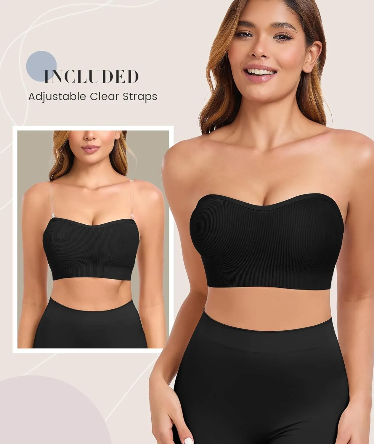 Strapless Bras for Women Non-Slip Padded Bandeau Bra Wireless Tube Top Bra Including Clear Straps