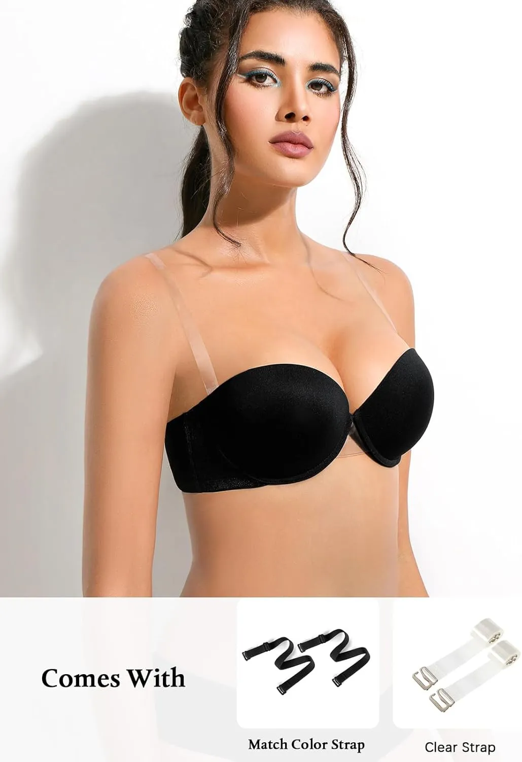 Strapless Push Up Bra with Clear Straps for Women, Thick Padded Underwire Convertible Bras Add One Cup
