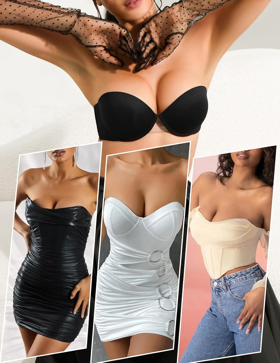 Strapless Push Up Bra with Clear Straps for Women, Thick Padded Underwire Convertible Bras Add One Cup