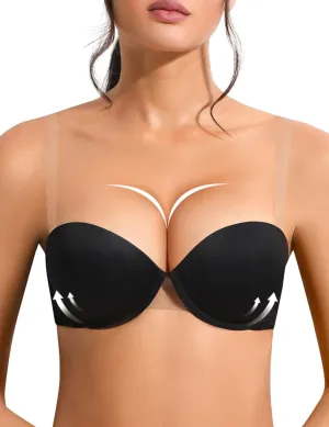 Strapless Push Up Bra with Clear Straps for Women, Thick Padded Underwire Convertible Bras Add One Cup