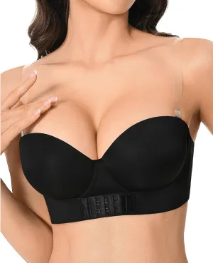 Strapless Push Up Bra with Clear Straps Front Closure Convertible Balconette Padded Underwire Bras for Women