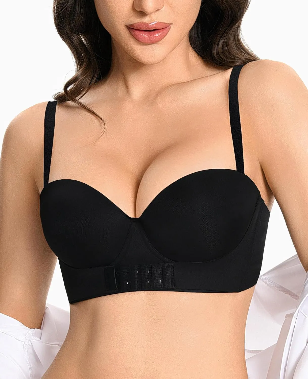 Strapless Push Up Bra with Clear Straps Front Closure Convertible Balconette Padded Underwire Bras for Women