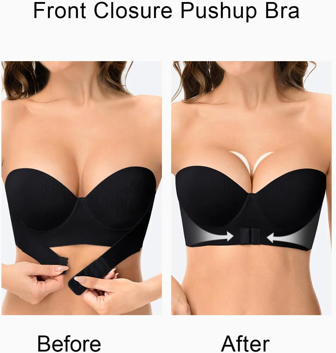 Strapless Push Up Bra with Clear Straps Front Closure Convertible Balconette Padded Underwire Bras for Women
