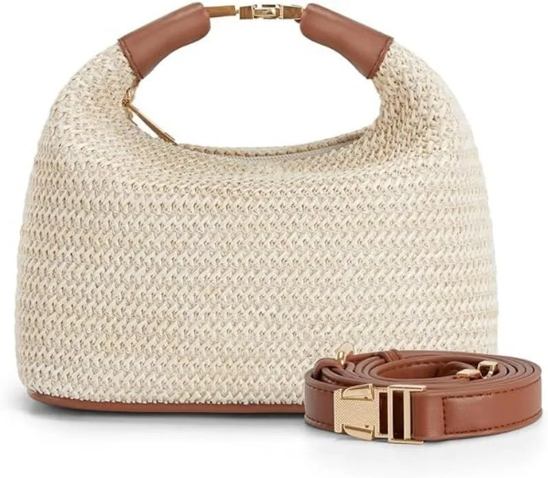 Straw Hobo Handbag with Leather Trim, Summer Beach Tote Shoulder Bag with Adjustable Strap, Beige
