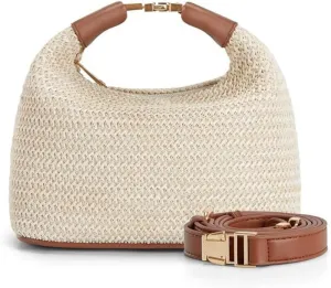 Straw Hobo Handbag with Leather Trim, Summer Beach Tote Shoulder Bag with Adjustable Strap, Beige