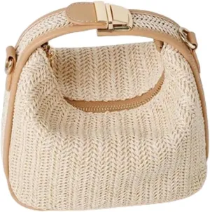 Straw Woven Crossbody Bag for Women, Handmade Small Beach Tote, Summer Top Handle Bucket Purse,Ladies Trendy Travel Handbags, Khaki