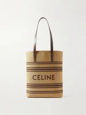 Striped logo-embroidered leather-trimmed raffia tote