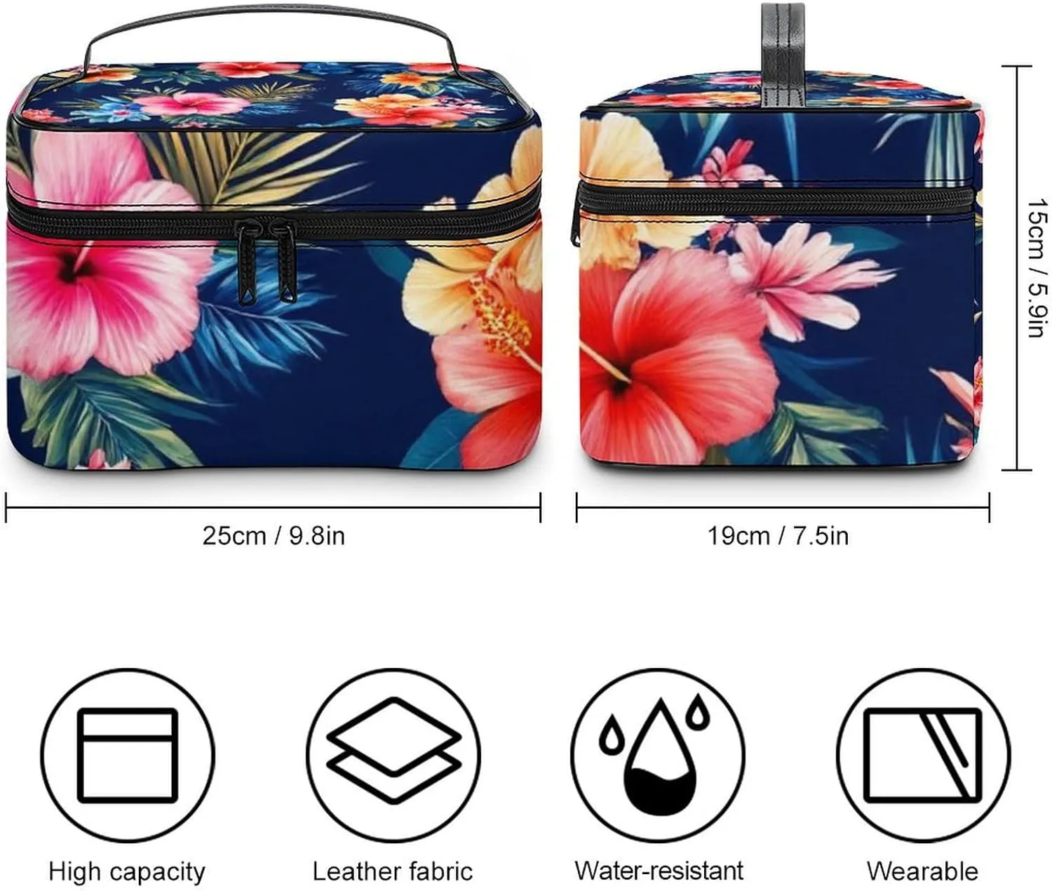 Stylish Cosmetic Bag for Women, Travel Toiletry Storage Bag with with Zipper Pouch Tropical Hawaiian Colorful Hibiscus Flowers Makeup Organizer Case